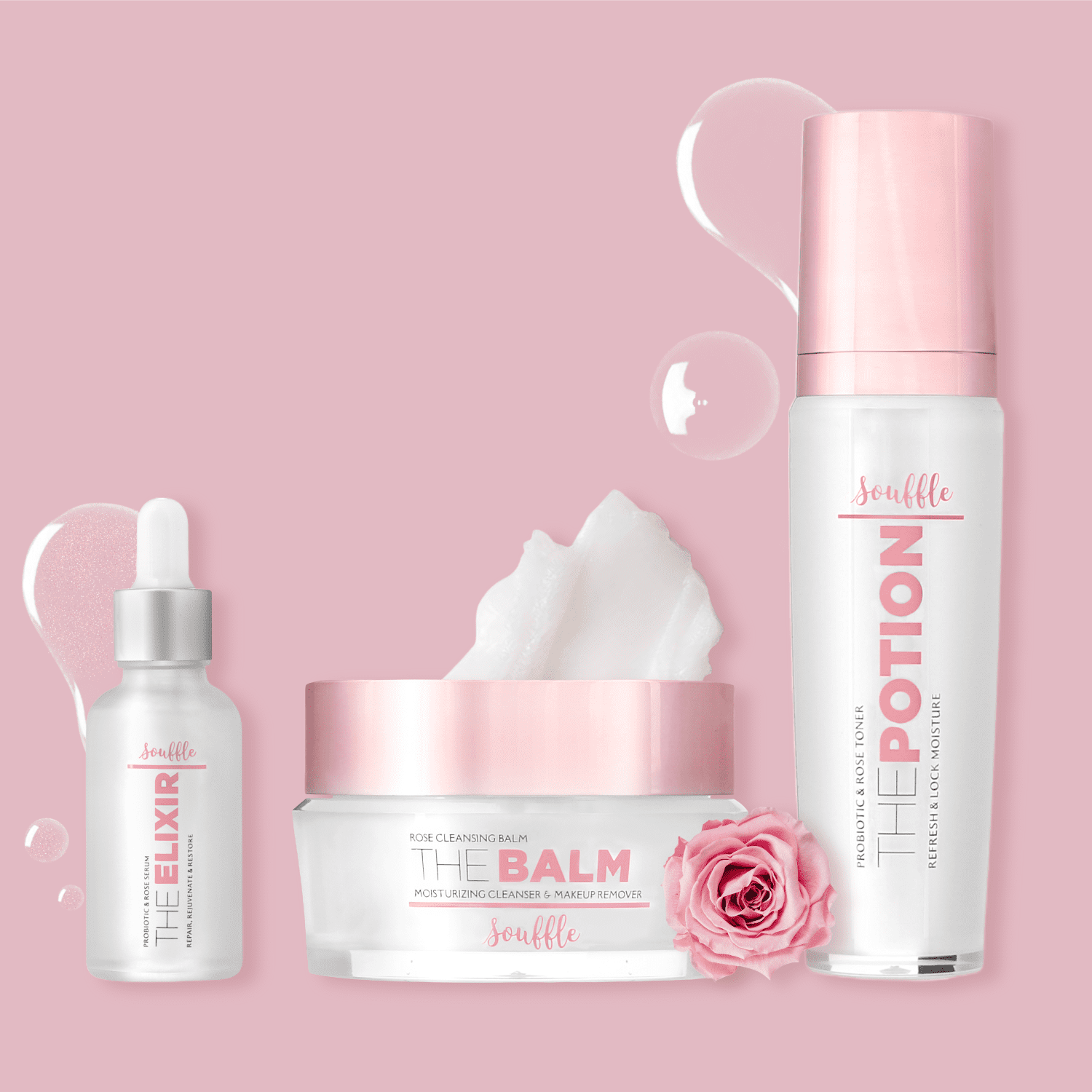 Souffle Beauty Trio Set Probiotic & Rose Toner and Serum with Rose Cleansing Balm
